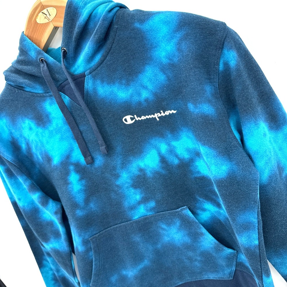 Champion Mens Blue Tie Dye Pullover Hoodie Sweatshirt Size Medium Embroidered